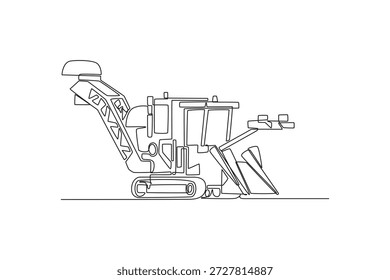 Cosechadora de caña de azúcar de dibujo continuo de una línea o máquina de granja industrial montada en pista similar. Ingeniería agrícola moderna, tema de automatización. Ilustración gráfica de Vector de diseño de línea única