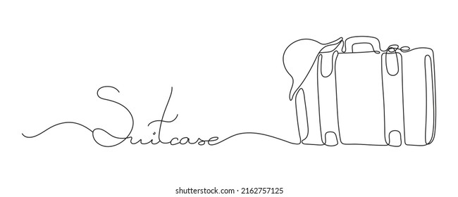 Continuous one Line drawing of an Suitcase. Lettering the word Suitcase.Travel concept. Vintage Suitcase isolated on a white background. Vector illustration.