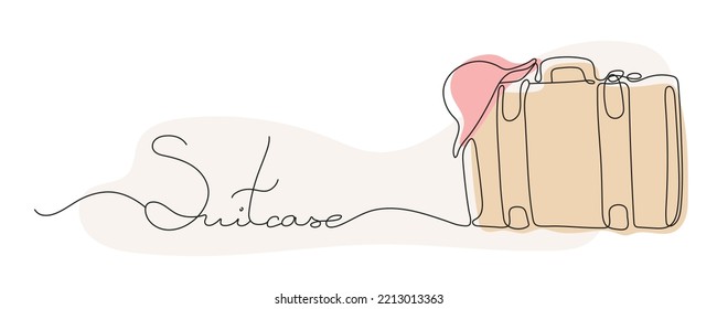 Continuous one Line drawing of an Suitcase with colored spots. Lettering the word Suitcase.Travel concept. Vintage Suitcase isolated on a white background. Vector Linear illustration.