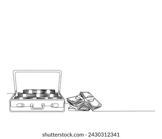 Continuous one line drawing of suitcase with full of money . A lot of money in the suitecase single outline vector illustration. Editable stroke.