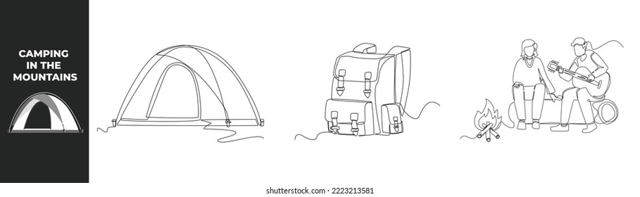 Concepto continuo de un campamento de verano en un solo tramo. Tienda, bolsa de viaje y niño y niña feliz sentados alrededor de la hoguera y tocan guitarra en el campamento nocturno. Ilustración gráfica vectorial de diseño de líneas simples.