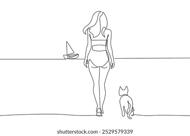 Continuous One Line Drawing of Summer Beach Landscape with Woman and Dog. One Line Abstract Tropical Beach Concept with Sea Landscape in Simple Linear Style. Vector Vacation Concept