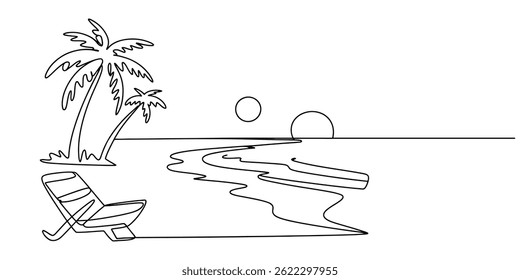 Dibujo continuo de una línea de paisaje de playa de verano. puesta de sol, salida del sol, playa, palmera en una sola línea dibujar ilustración. Trazo editable, dibujo de Seascape con una sola línea continua.