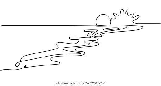 Continuous one line drawing of Summer beach landscape. sunset, sunrise, beach, palm tree in single line draw illustration. Editable stroke, Seascape drawing with one single continuous line. landscape.