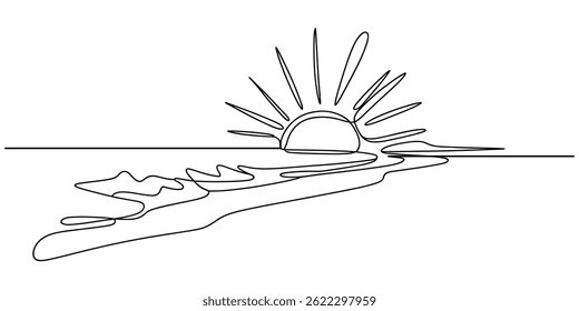 Continuous one line drawing of Summer beach landscape. sunset, sunrise, beach, palm tree in single line draw illustration. Editable stroke, Seascape drawing with one single continuous line. landscape.