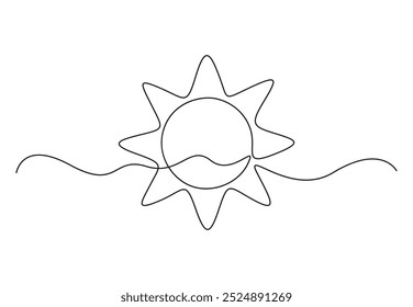 Continuous one line drawing of sun. Isolated on white background vector illustration