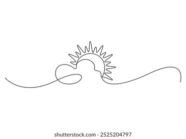 Continuous one line drawing of sun and cloud. Isolated on white background vector illustration