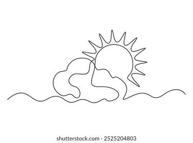 Kontinuierliche einzeilige Zeichnung von Sonne und Wolke. Einzeln auf weißem Hintergrund, Vektorgrafik