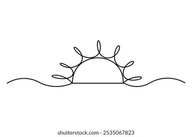 Continuous one line drawing of sun and sunrise, single line sketch sunny summer travel concept Vector illustration