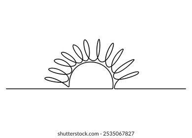 Continuous one line drawing of sun and sunrise, single line sketch sunny summer travel concept Vector illustration