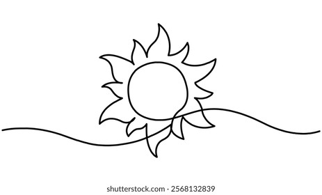Continuous one line drawing sun art Summer sun contour line sign line art illustration, One Line drawing of sun in continuous ,Hand drawn vector art