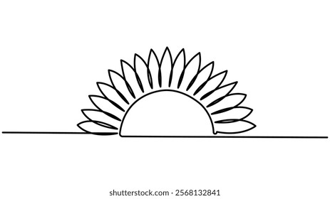 Continuous one line drawing sun art Summer sun contour line sign line art illustration, One Line drawing of sun in continuous ,Hand drawn vector art