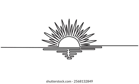 Continuous one line drawing sun art Summer sun contour line sign line art illustration, One Line drawing of sun in continuous ,Hand drawn vector art