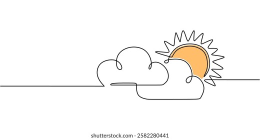 Continuous one line drawing of the sun shining behind clouds. Representation of a sunny day, hope, and atmospheric scenery. Vector illustration hand drawn.