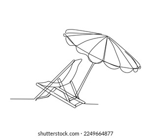 Continuous one line drawing of sunbed. Beach umbrella and chair for summer holiday line art vector illustration.