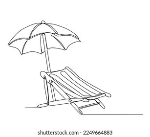 Continuous one line drawing of sunbed. Beach umbrella and chair for summer holiday line art vector illustration.