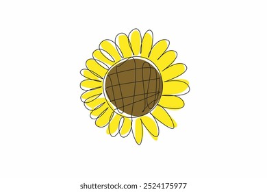 Continuous one line drawing sunflower seen close up. Details and patterns are visible. Flower symbol of loyalty. Flower of spiritual guidance. Kansas Day. Single line draw design vector illustration