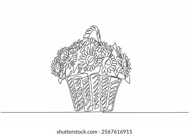 Continuous one line drawing sunflower in a rattan woven bucket. Classic and elegant impression. Present. International Sunflower Guerilla Gardening Day. Single line draw design vector illustration