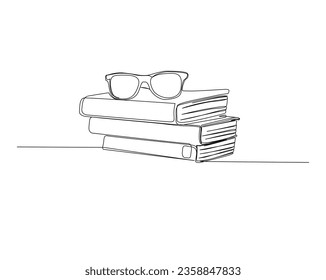 Dibujo continuo de una línea de gafas de sol sobre los libros. Libros de educación y lentes de sol línea ilustración vectorial, concepto educativo. Editable