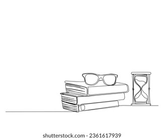 Dibujo continuo de una línea de gafas de sol sobre los libros con reloj de arena. Libros de educación y lentes de sol línea ilustración vectorial, concepto educativo. Editable