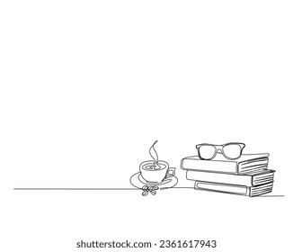 Continuous one line drawing of sunglasses over the books with a cup coffee. Education books and sunglasses line art vector illustration, education concept. Editable