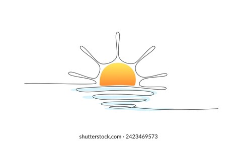 Dibujo continuo de una línea de la puesta del sol en la costa, en el océano. Dibujo de una sola línea de salida. Ilustración vectorial de vista solar en estilo lineal. Esbozo de puesta de sol y salida del sol para el diseño. Trazo editable