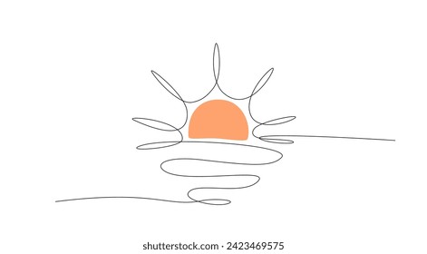Continuous one line drawing of Sunset on seaside, ocean. Sunrise single line drawing. Sun view vector illustration in linear style. Sunset and sunrise outline for design. Editable stroke