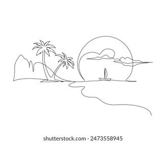 Continuous one line drawing of sunset in the beach with palm coconut tree, boat, tropical summer landscape. Palm beach sunset landscape single outline vector illustration. Editable stroke.