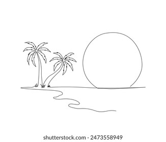 Continuous one line drawing of sunset in the beach with palm coconut tree, boat, tropical summer landscape. Palm beach sunset landscape single outline vector illustration. Editable stroke.