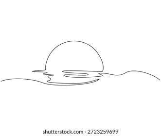 Continuous one line drawing of sunset on sea. One line drawing illustration of sunset. Summer concept single line. Editable outline