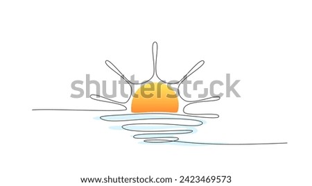 Continuous one line drawing of Sunset on seaside, ocean. Sunrise single line drawing. Sun view vector illustration in linear style. Sunset and sunrise outline for design. Editable stroke