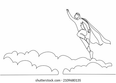 Continuous one line drawing super Arabian businessman flying up from cloud. Business leadership. Business finance success concept. Creative idea. Single line draw design vector graphic illustration