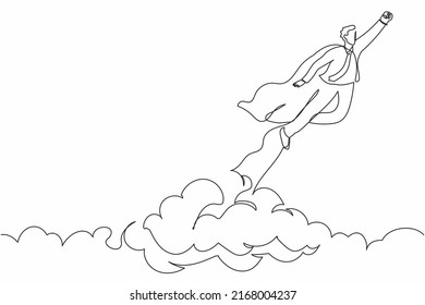 Continuous one line drawing super hero businessman flying up cloud. Super worker in robe cloak takes off. Power, uniqueness, start-up business idea. Single line draw design vector graphic illustration