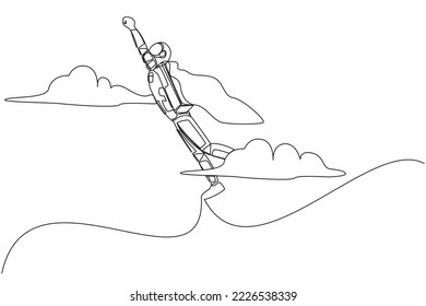 Continuous one line drawing super young astronaut in cloak flying up to cloud sky. Spaceship startup business idea or launching. Cosmonaut outer space. Single line graphic design vector illustration svg