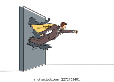 Continuous one line drawing super businessman punches and breaks the wall. Flying man breaks the wall. Business concept power, success and overcome difficulties. Single line draw design vector graphic