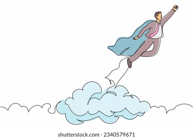 Continuous one line drawing super hero businessman flying up cloud. Super worker in robe cloak takes off. Power, uniqueness, start-up business idea. Single line draw design vector graphic illustration