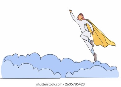 Continuous one line drawing super Arabian businessman flying up from cloud. Business leadership. Business finance success concept. Creative idea. Single line draw design vector graphic illustration