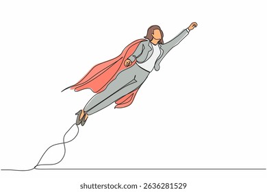 Continuous one line drawing super businesswoman raised fist and flying in the air. Concept superhero of business, financial, growth, career, leader. Single line draw design vector graphic illustration