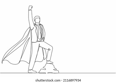 Continuous one line drawing superhero businessman in office suit flying upward with cloak. Joyful man raising his fist in up rejoicing at his success. Single line design vector graphic illustration