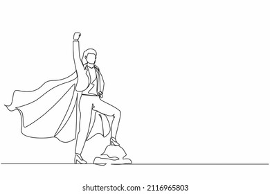 Continuous one line drawing superhero businesswoman in office blazer flying upward with cloak. Joyful woman raising her fist in up rejoicing at her success. Single line draw design vector illustration