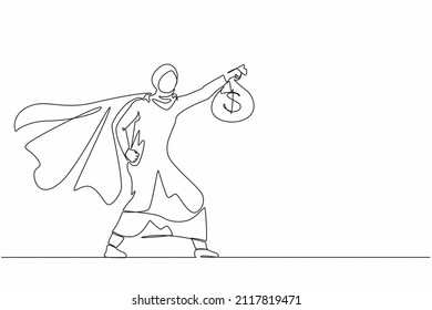Continuo dibujo de una línea de superhéroe empresaria árabe, símbolo de ingresos. Un superhéroe feliz del empleado muestra metáfora de bolsa de dinero de ingresos, inversión, ganancia, crecimiento. Vector de diseño de línea única
