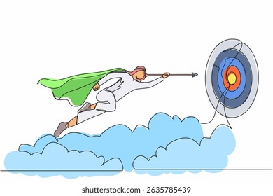 Kontinuierliche einzeilige Zeichnung Superheld arabischen Geschäftsmann fliegen mit Pfeil nach vorne, um das Ziel zu erreichen Erfolg. Ehrgeiz und Leistung der Machtführung. Vektorgrafik mit einzeiligem Design