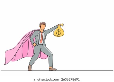 Continuous one line drawing superhero businessman present symbol of income. Happy employee superhero shows money bag metaphor of income, investment, profit grow. Single line draw design vector graphic