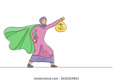 Continuous one line drawing superhero Arabian businesswoman present symbol of income. Happy employee superhero shows money bag metaphor of income, investment, profit, growth. Single line design vector