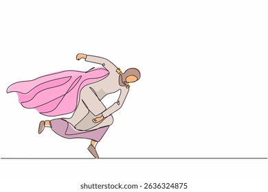 Continuous one line drawing superhero Arabic businesswoman punching breaking through problem. Elimination obstacles. Motivation to win, reliable leadership. Single line draw design vector illustration