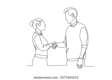 Continuous one line drawing a superiors who are giving appreciation in the form of a handshake with the best employee. Single line draw design vector illustration
