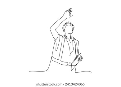 Continuous one line drawing the supervisor is giving directions. Construction worker in uniform and helmet doing work. Builder concept. Repair work services. Single line draw design vector illustratio