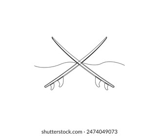 Continuous one line drawing of surf longboard. Surfboard design in single outline vector illustration. Editable stroke.