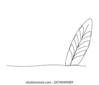 Continuous one line drawing of surf longboard. Surfboard standing up in sand single outline vector illustration. Editable stroke.