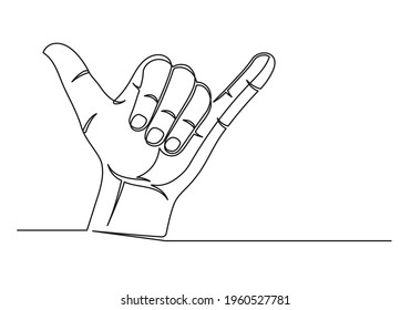 Continuous one line drawing of an surfer hand. Shaka symbol. Surfer hand isolated on a white background. Vector illustration